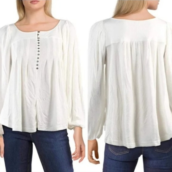Free People "Devin Top" Henley Balloon Sleeve Shirt White | Women's Size L - Picture 2 of 12